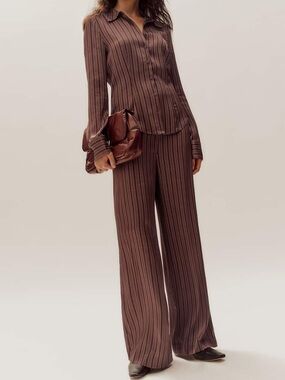 NWOT Reformation Norah Wide-Leg Satin Pant in Brown with Pinstripes Size M